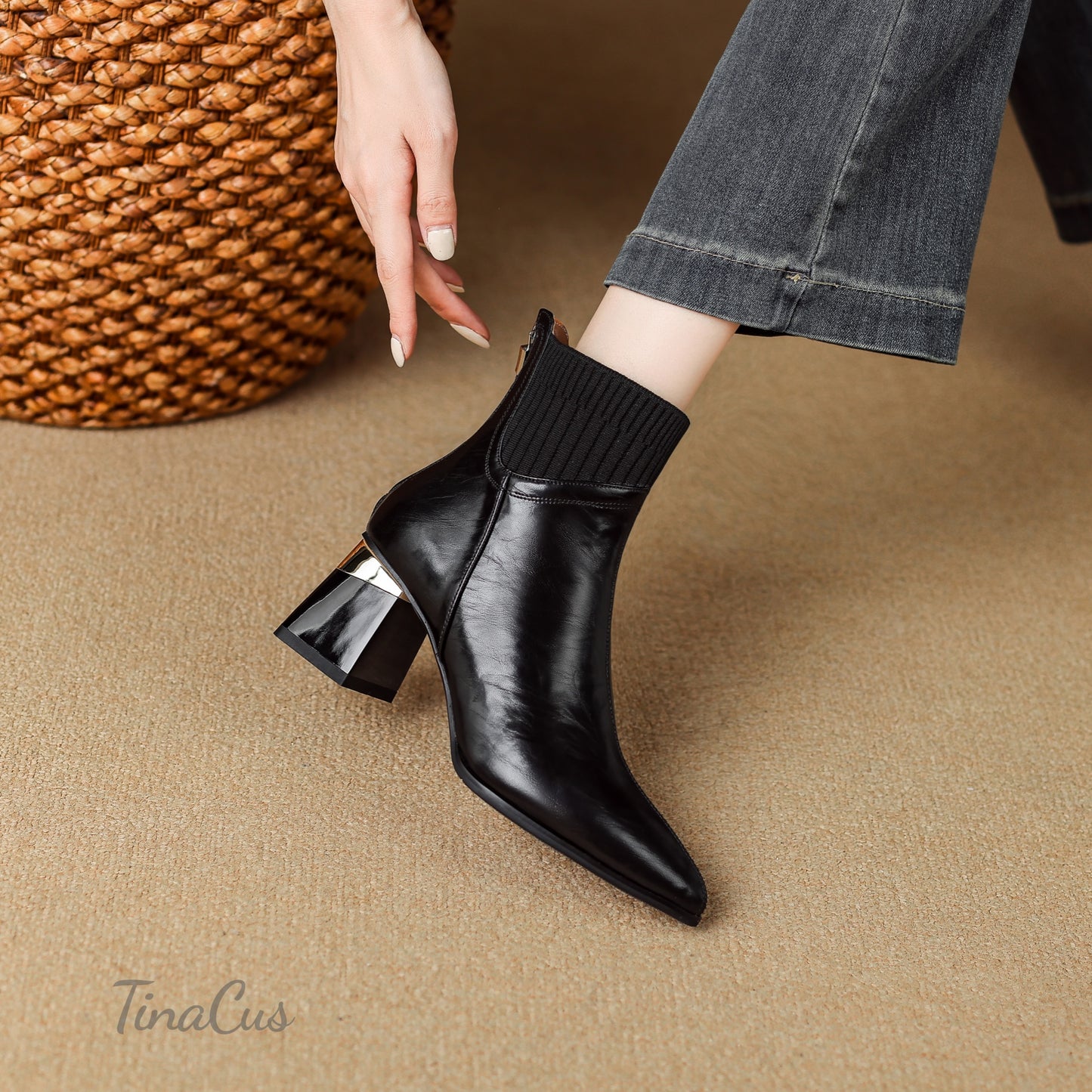 TinaCus Women's Pointed Toe Genuine Leather & Knitted Fabric Handmade Chunky Heels Zip up Ankle Boots