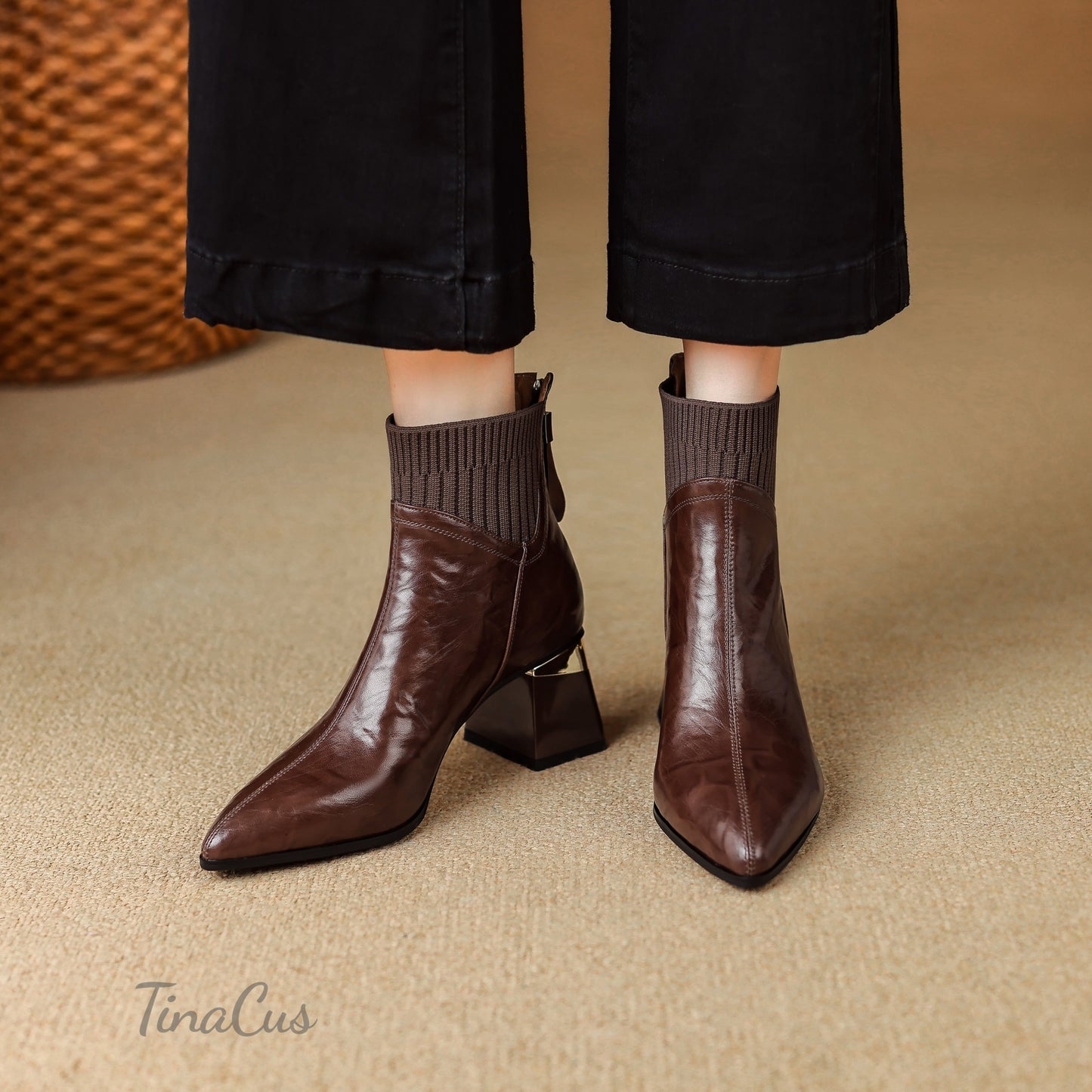 TinaCus Women's Pointed Toe Genuine Leather & Knitted Fabric Handmade Chunky Heels Zip up Ankle Boots