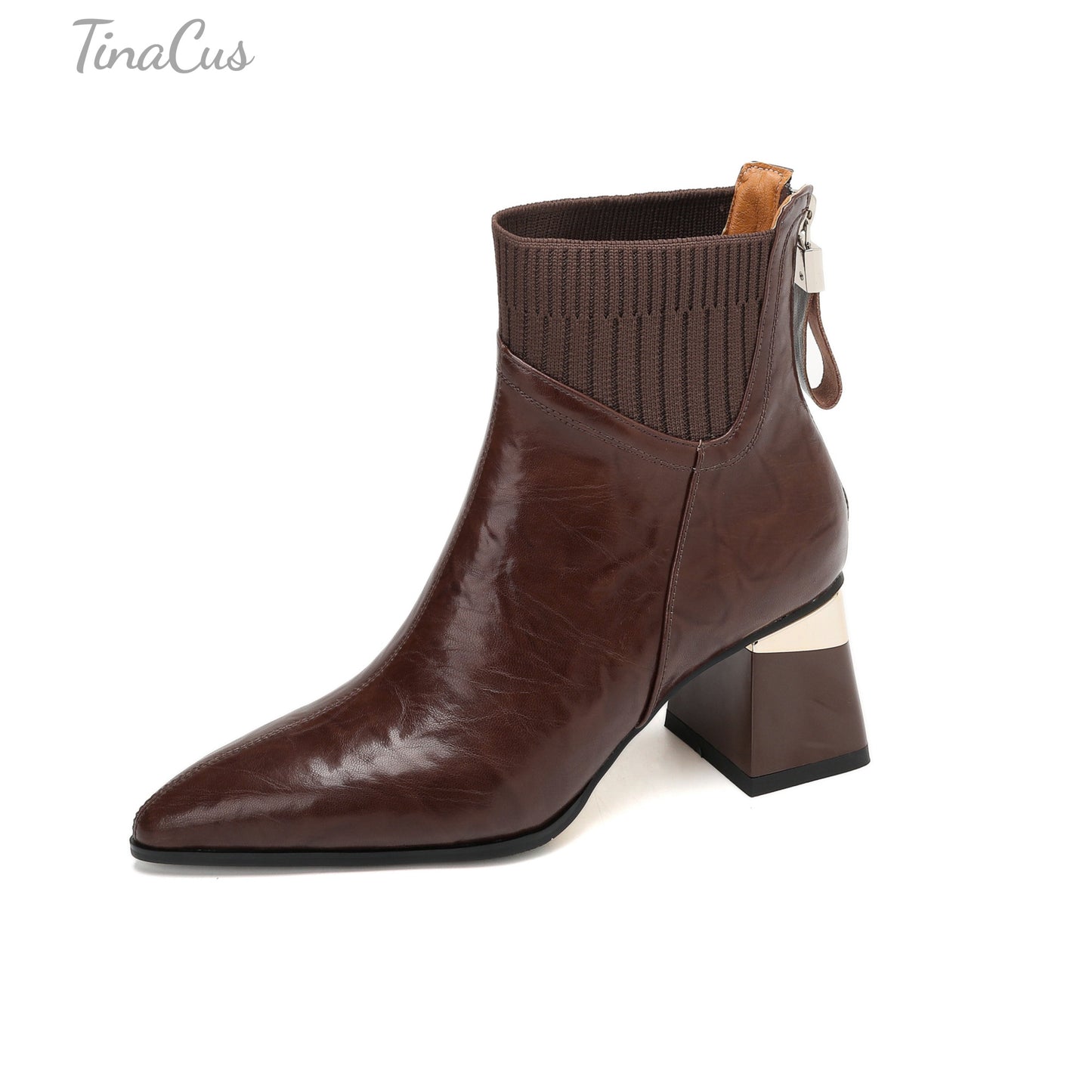 TinaCus Women's Pointed Toe Genuine Leather & Knitted Fabric Handmade Chunky Heels Zip up Ankle Boots