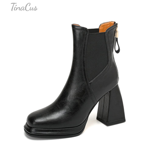 TinaCus Genuine Leather & Elastic Fabric Women's Square Toe Handmade Platform High Heels Zip up Ankle Boots