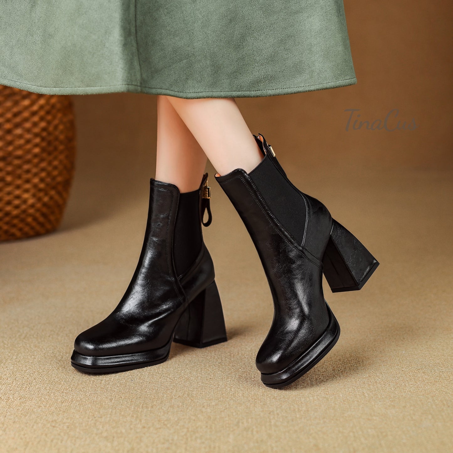 TinaCus Genuine Leather & Elastic Fabric Women's Square Toe Handmade Platform High Heels Zip up Ankle Boots