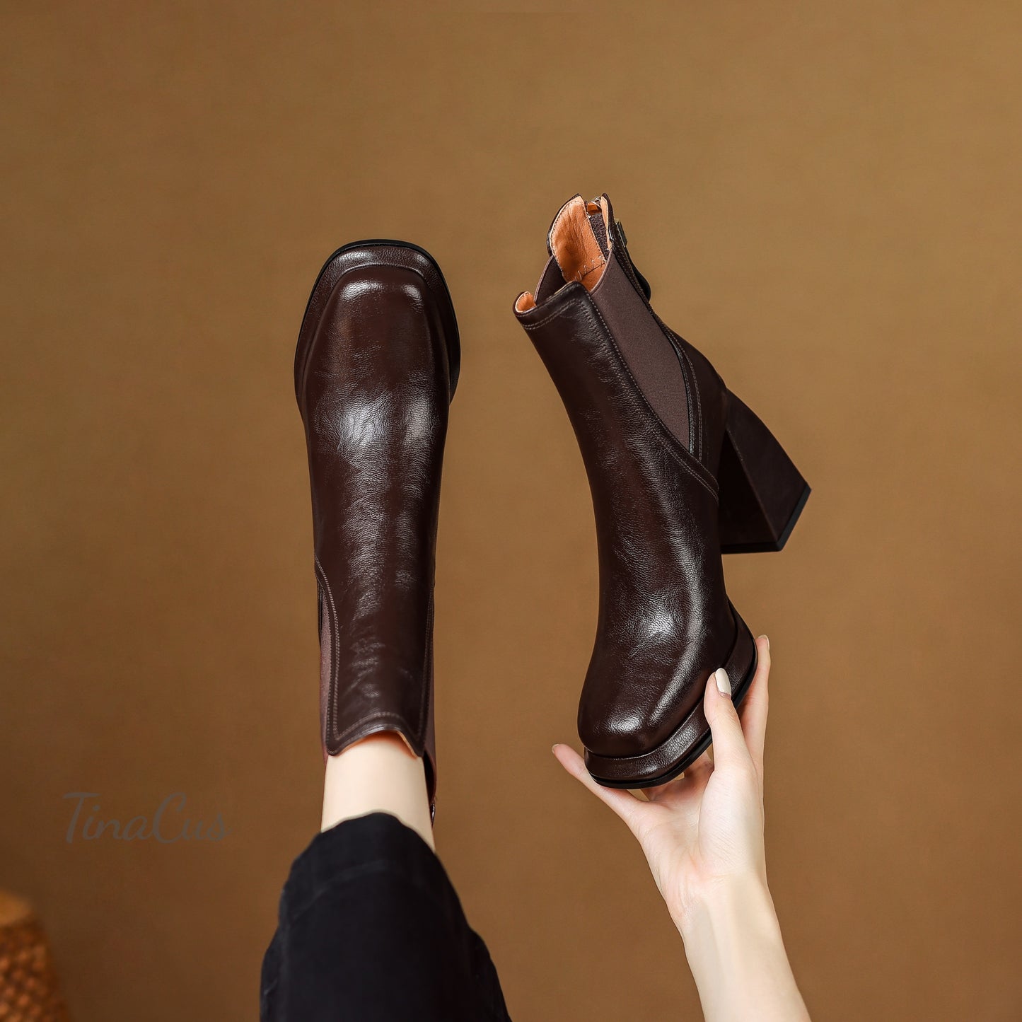 TinaCus Genuine Leather & Elastic Fabric Women's Square Toe Handmade Platform High Heels Zip up Ankle Boots