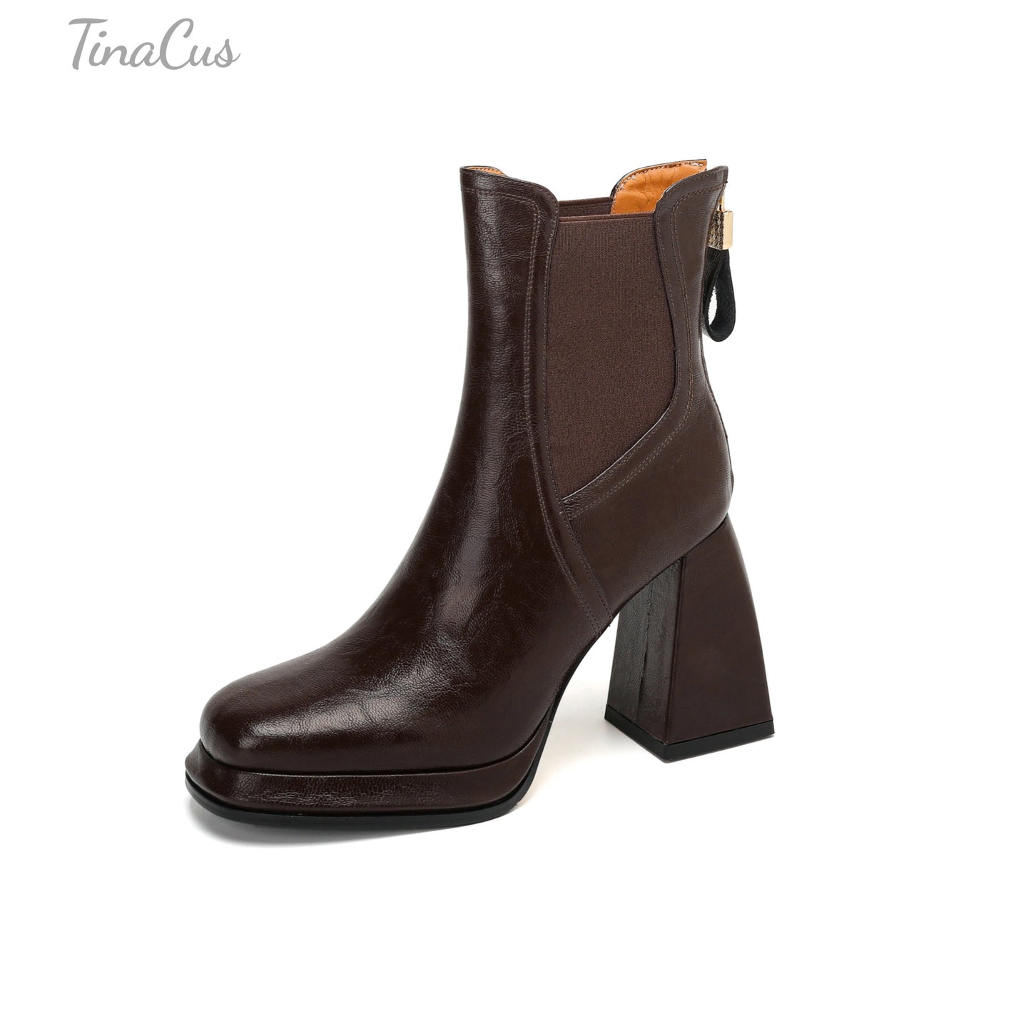 TinaCus Genuine Leather & Elastic Fabric Women's Square Toe Handmade Platform High Heels Zip up Ankle Boots