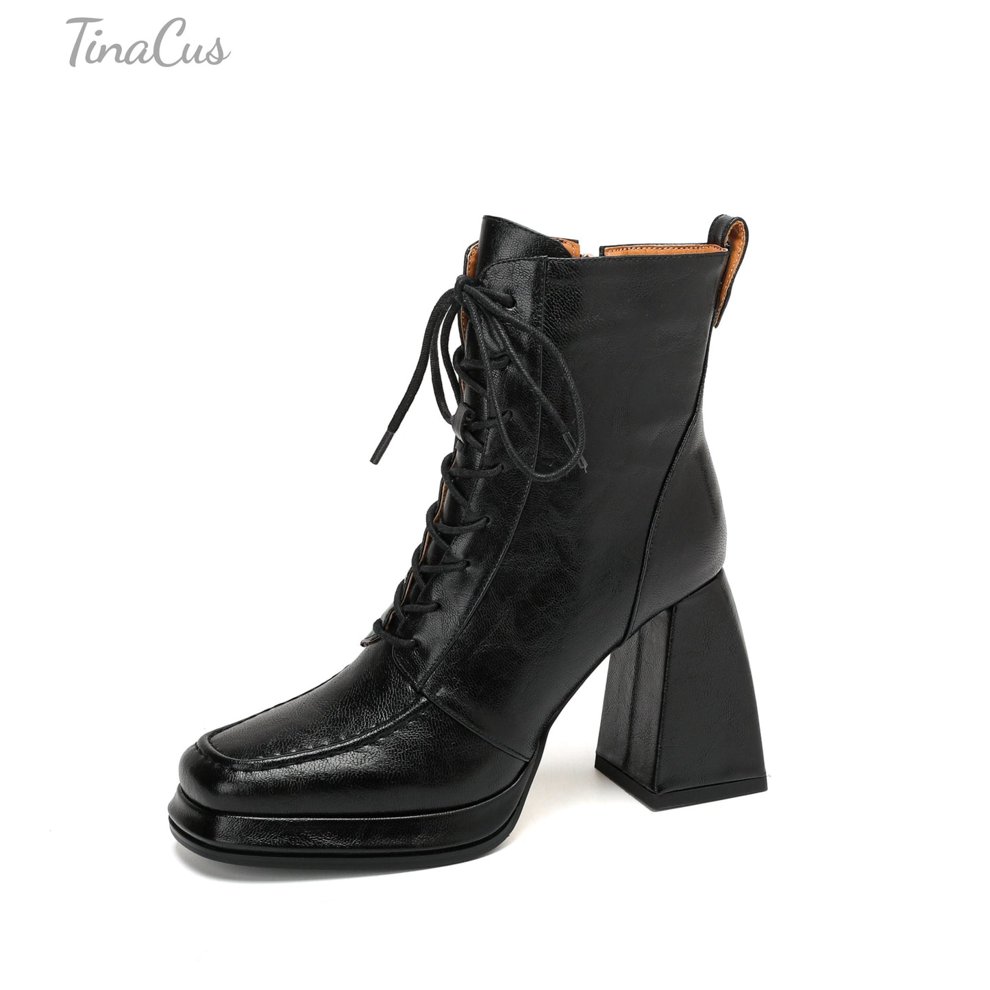 TinaCus Genuine Leather Lace/Zip up Short Boots Women's Square Toe Handmade Platform High Chunky Heels Booties