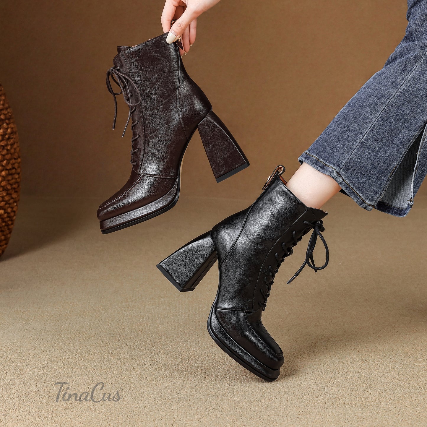 TinaCus Genuine Leather Lace/Zip up Short Boots Women's Square Toe Handmade Platform High Chunky Heels Booties