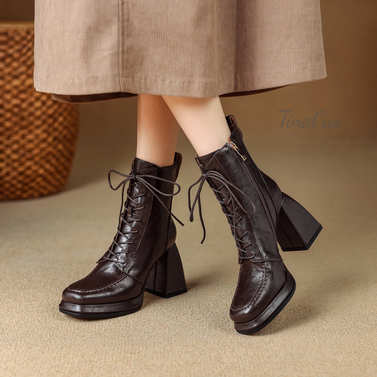 TinaCus Genuine Leather Lace/Zip up Short Boots Women's Square Toe Handmade Platform High Chunky Heels Booties
