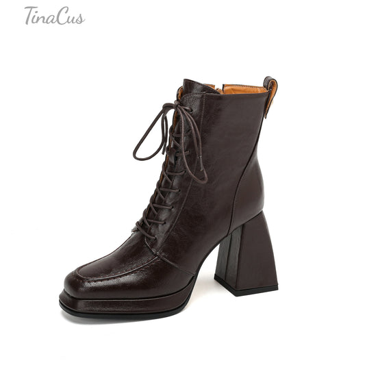 TinaCus Genuine Leather Lace/Zip up Short Boots Women's Square Toe Handmade Platform High Chunky Heels Booties