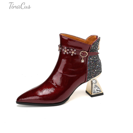 TinaCus Handmade Flowers Women's Ankle Boots Genuine Leather Pointed Toe Mid Heels Zip up Glittery Booties