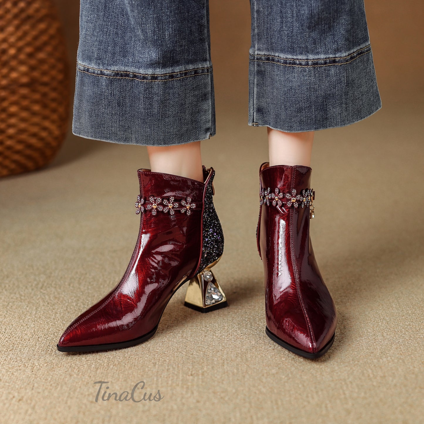 TinaCus Handmade Flowers Women's Ankle Boots Genuine Leather Pointed Toe Mid Heels Zip up Glittery Booties