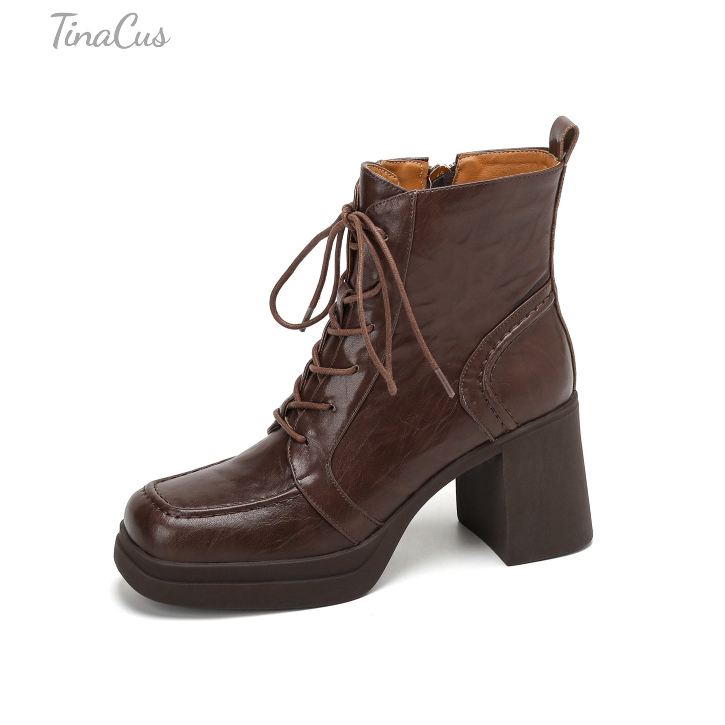 TinaCus Genuine Leather Platform Chunky Heels Ankle Boots Handmade Zipper & Selftie Women's Square Toe Booties
