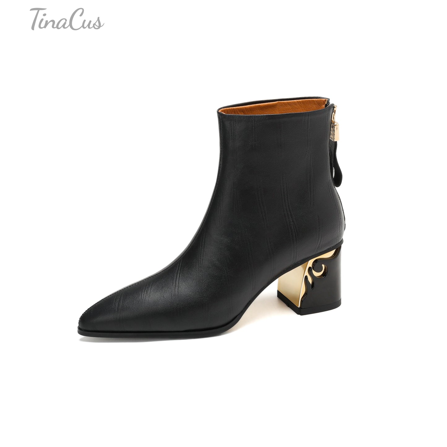 TinaCus Genuine Leather Mid Chunky Heels Ankle Boots Women's Pointed Toe Handmade Back Zipper
