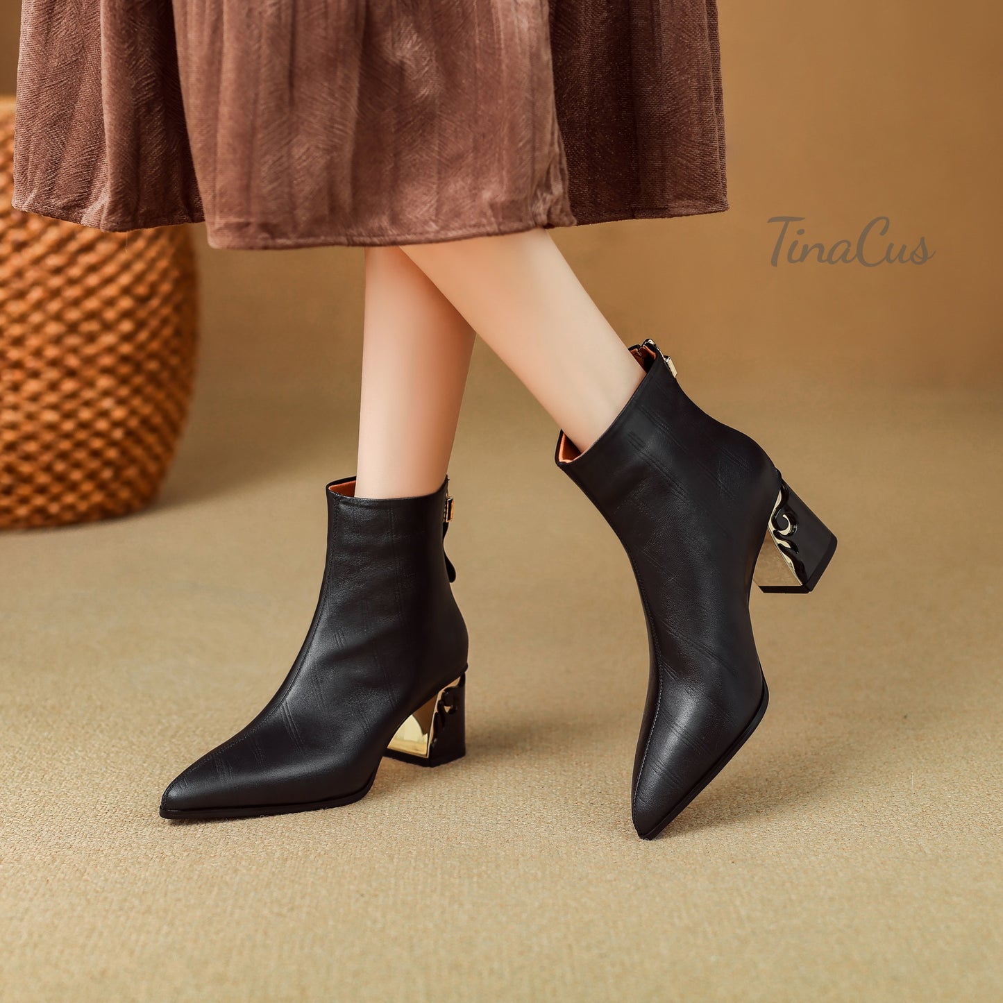TinaCus Genuine Leather Mid Chunky Heels Ankle Boots Women's Pointed Toe Handmade Back Zipper