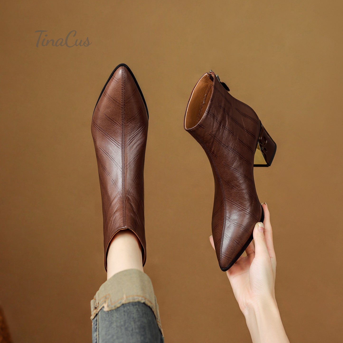 TinaCus Genuine Leather Mid Chunky Heels Ankle Boots Women's Pointed Toe Handmade Back Zipper