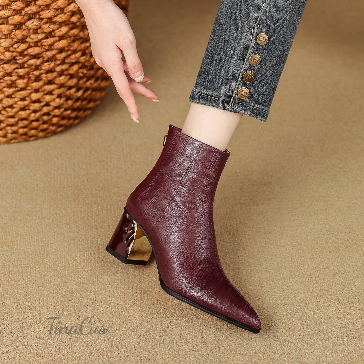 TinaCus Genuine Leather Mid Chunky Heels Ankle Boots Women's Pointed Toe Handmade Back Zipper