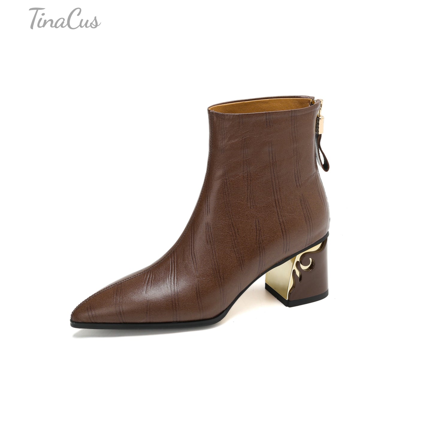 TinaCus Genuine Leather Mid Chunky Heels Ankle Boots Women's Pointed Toe Handmade Back Zipper