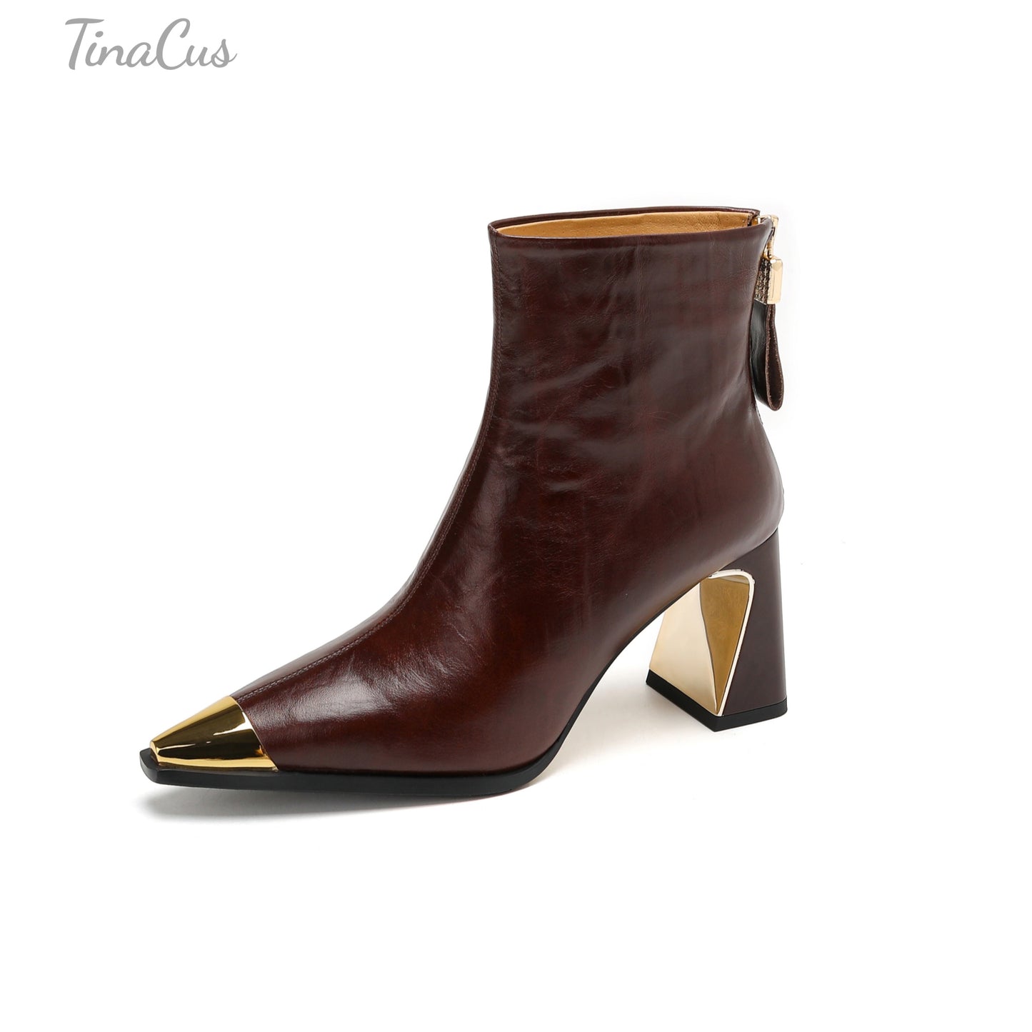TinaCus Women's Cap Toe Genuine Leather Ankle Boots Handmade High Heels with Back Zipper
