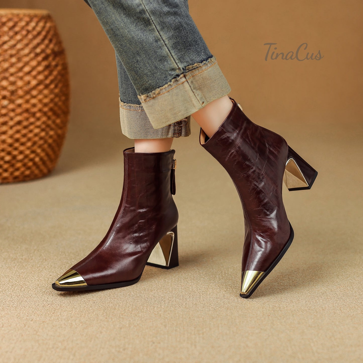 TinaCus Women's Cap Toe Genuine Leather Ankle Boots Handmade High Heels with Back Zipper