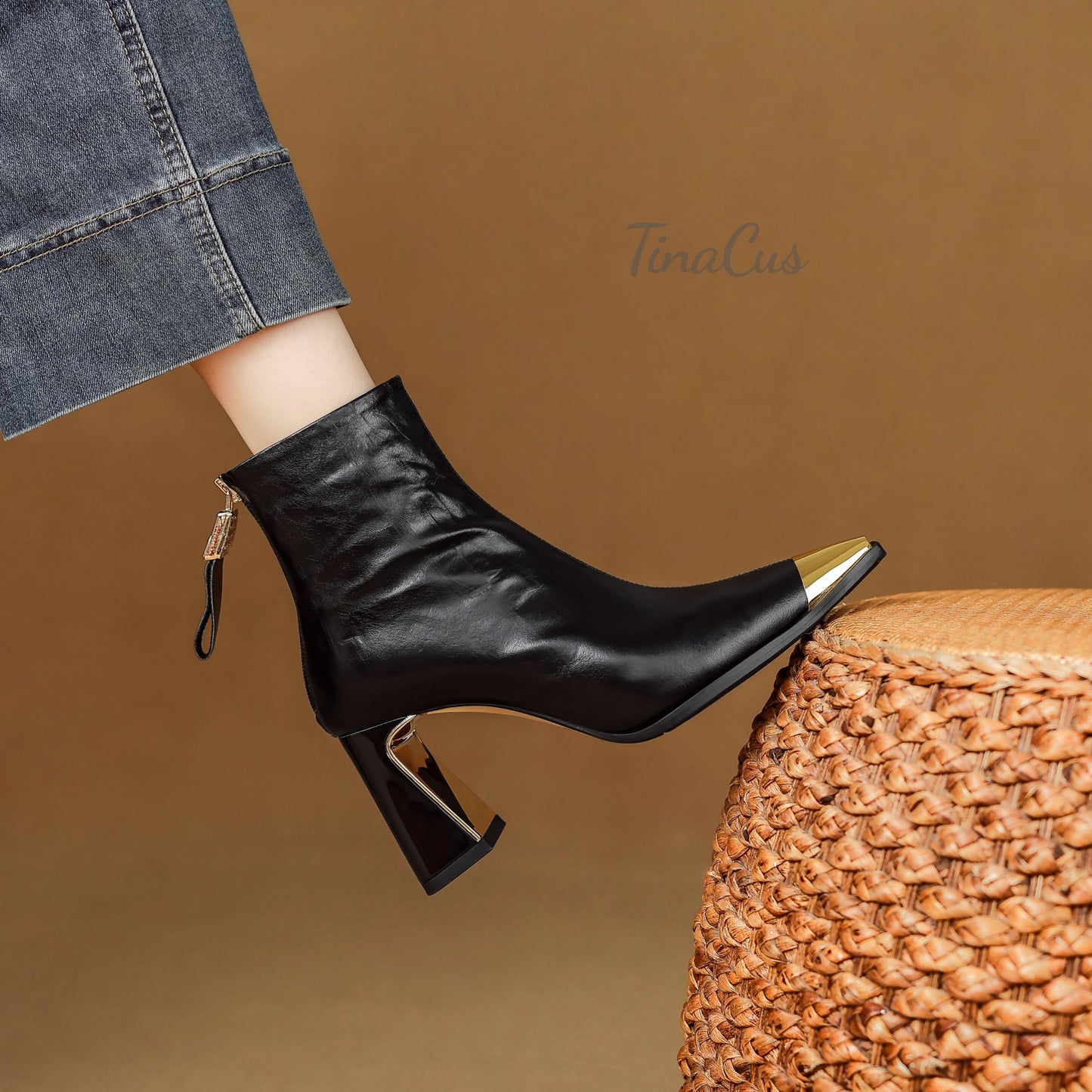 TinaCus Women's Cap Toe Genuine Leather Ankle Boots Handmade High Heels with Back Zipper