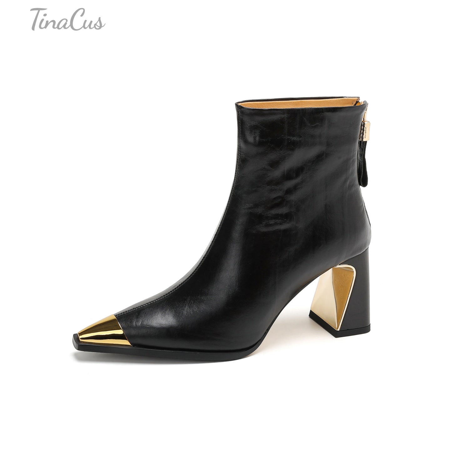 TinaCus Women's Cap Toe Genuine Leather Ankle Boots Handmade High Heels with Back Zipper