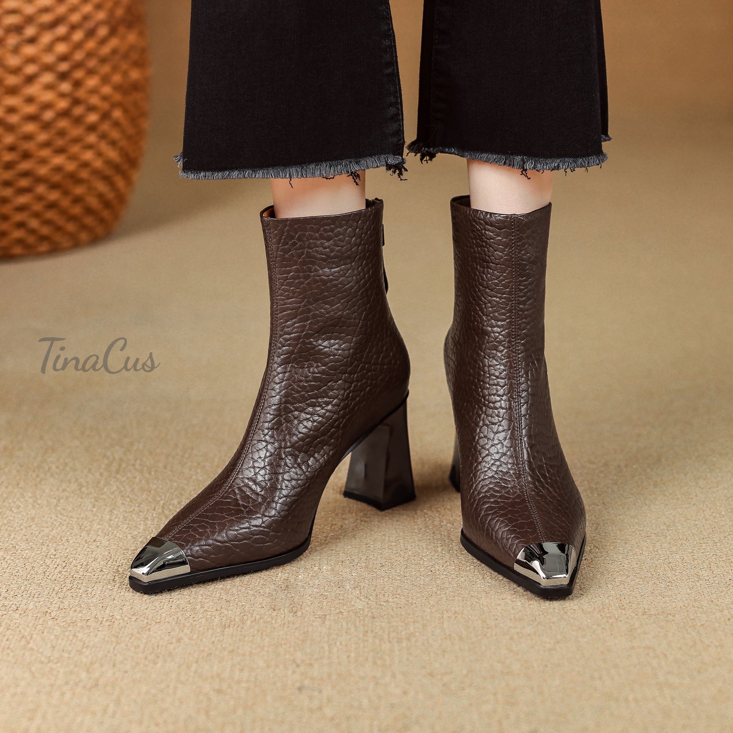 TinaCus Genuine Leather Women's Cap Toe Chic Ankle Boots Handmade High Heels with Back Zipper