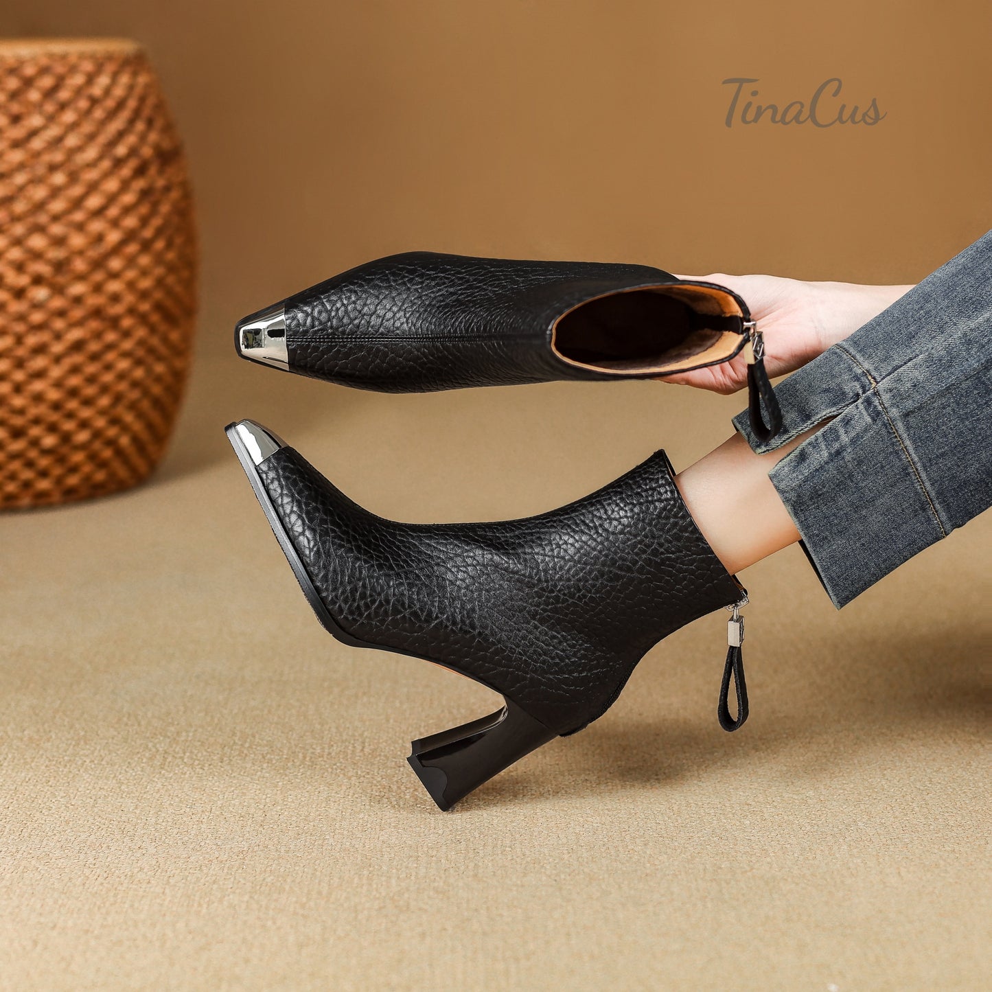 TinaCus Genuine Leather Women's Cap Toe Chic Ankle Boots Handmade High Heels with Back Zipper