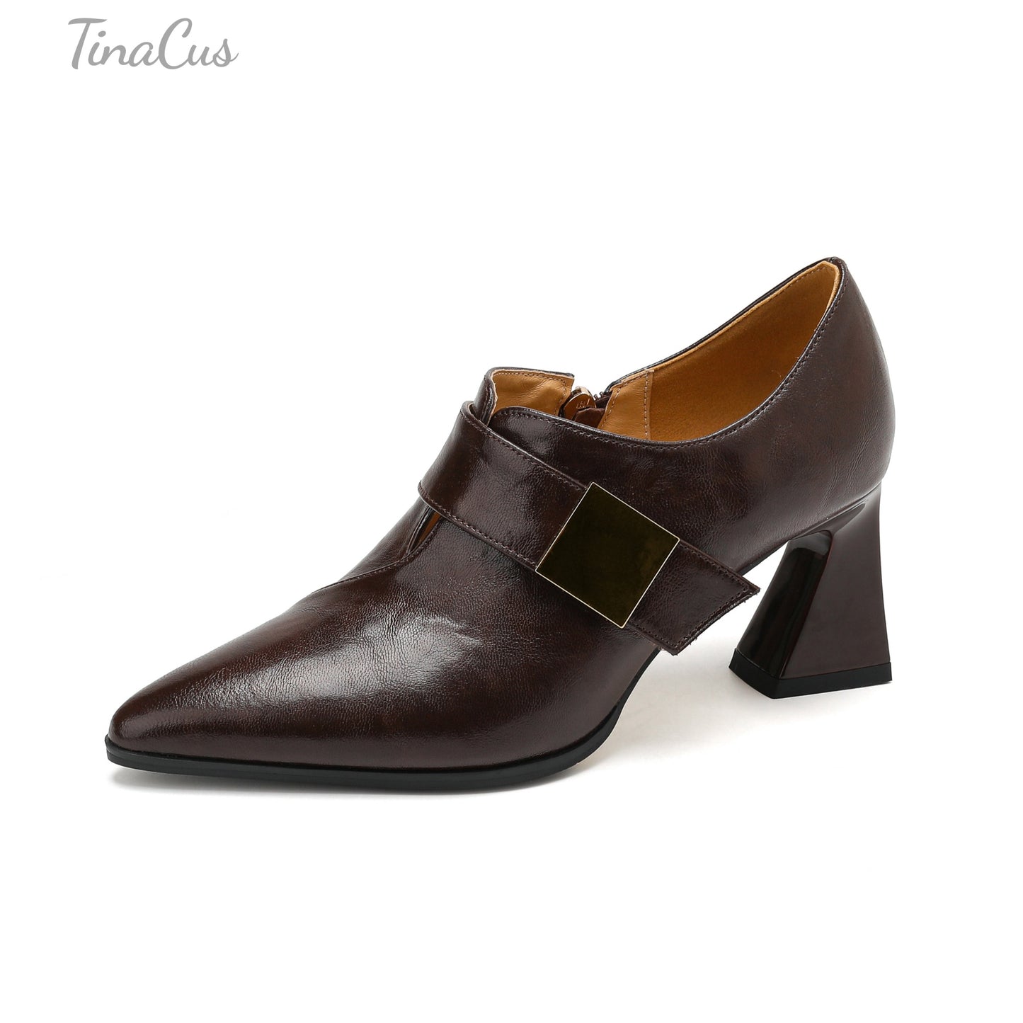 TinaCus Genuine Leather Handmade Pointed Toe Women's Mid Chunky Heels Zip up Pumps Shoes