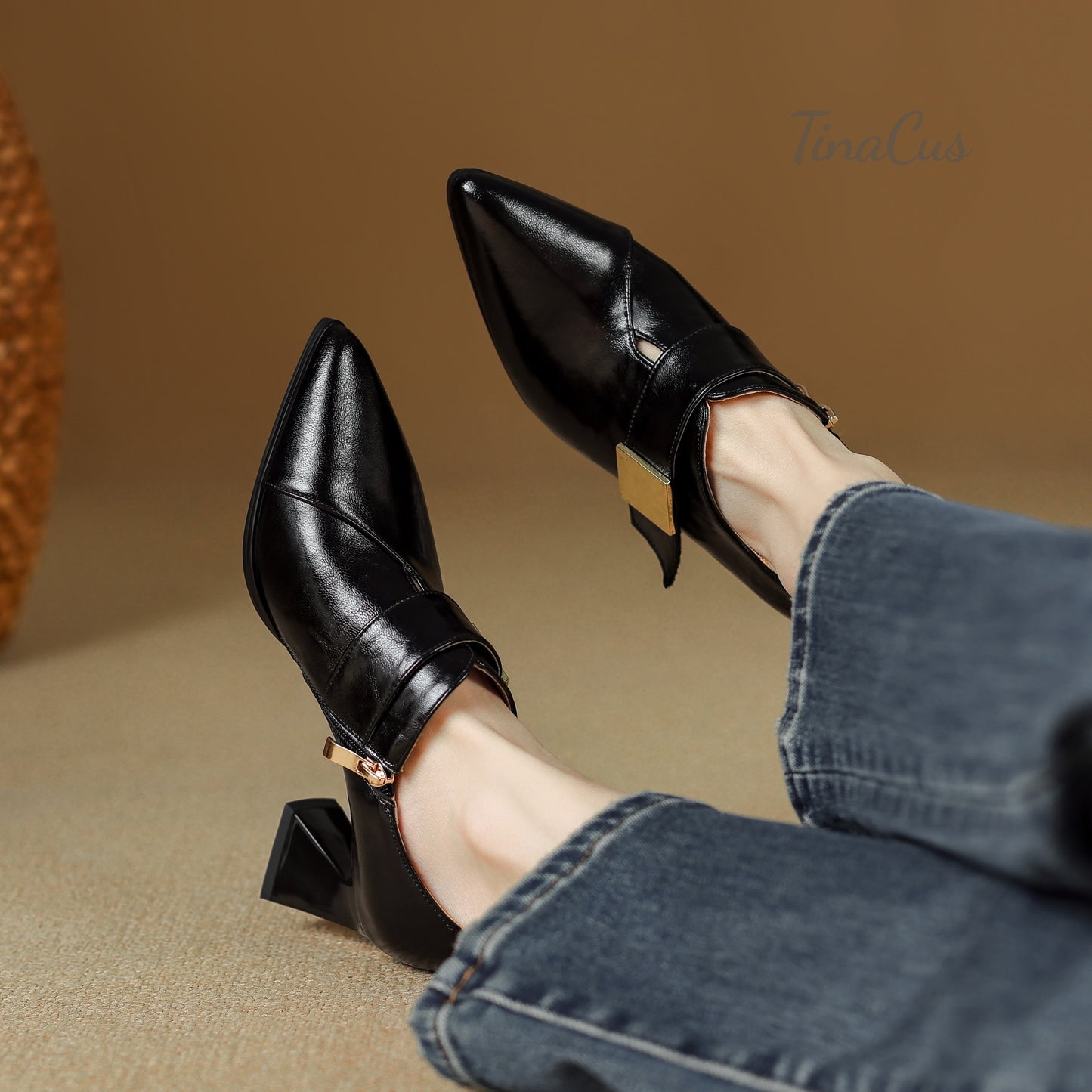 TinaCus Genuine Leather Handmade Pointed Toe Women's Mid Chunky Heels Zip up Pumps Shoes