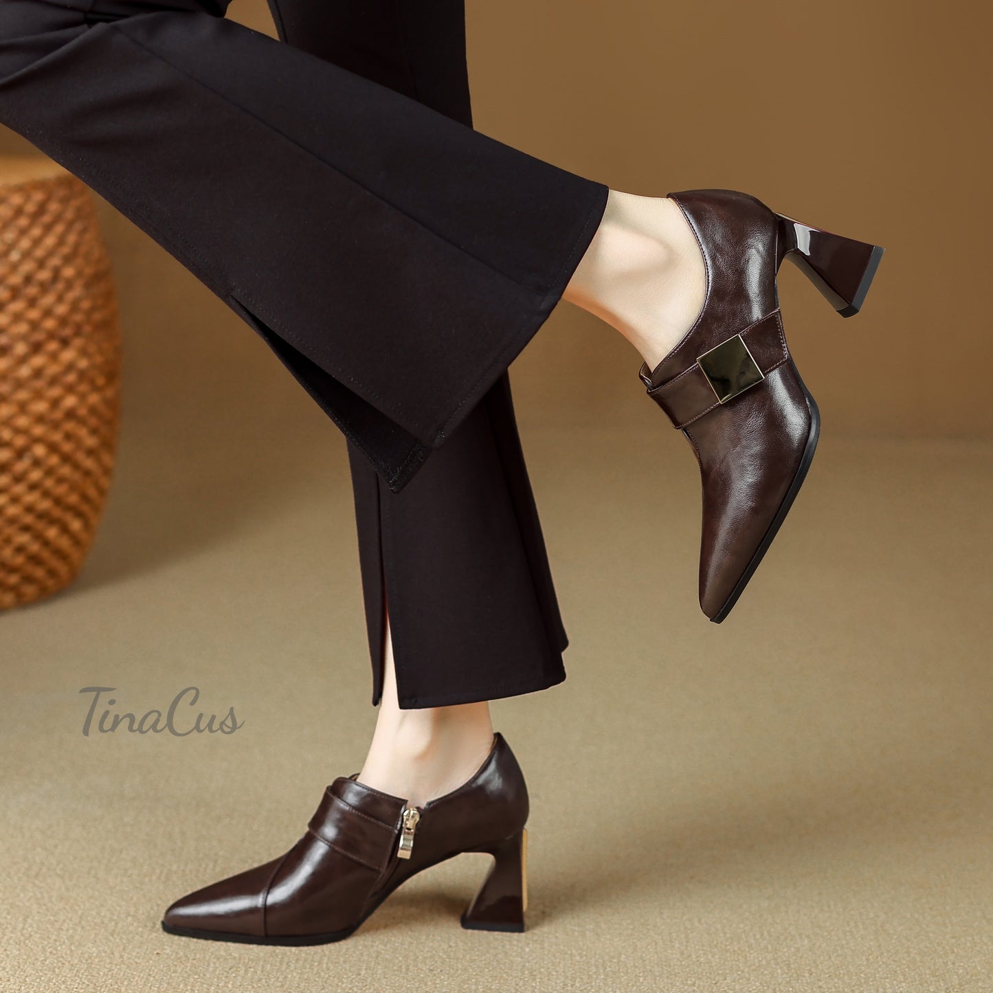 TinaCus Genuine Leather Handmade Pointed Toe Women's Mid Chunky Heels Zip up Pumps Shoes