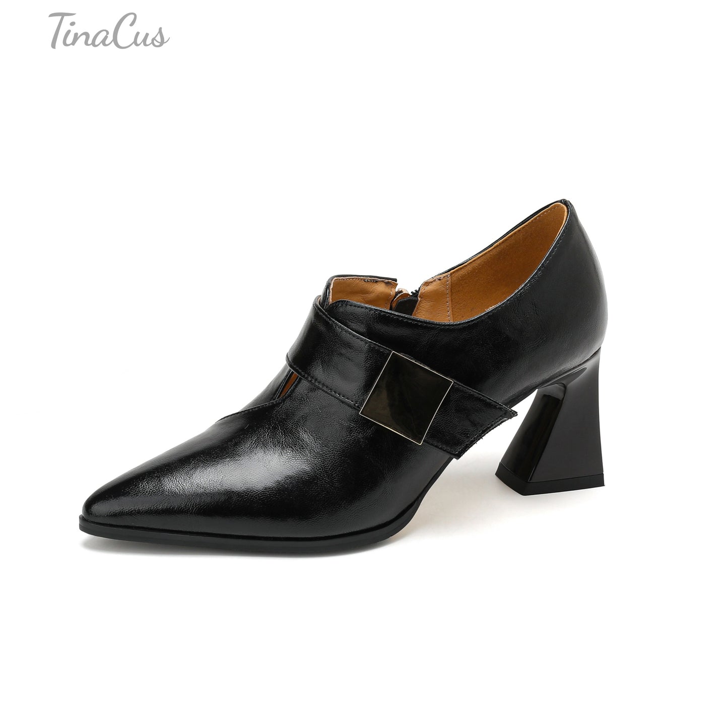 TinaCus Genuine Leather Handmade Pointed Toe Women's Mid Chunky Heels Zip up Pumps Shoes