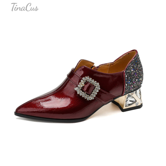 TinaCus Women's Pointed Toe Patent Leather Handmade Side Zipper Low Chunky Heels with Crystal