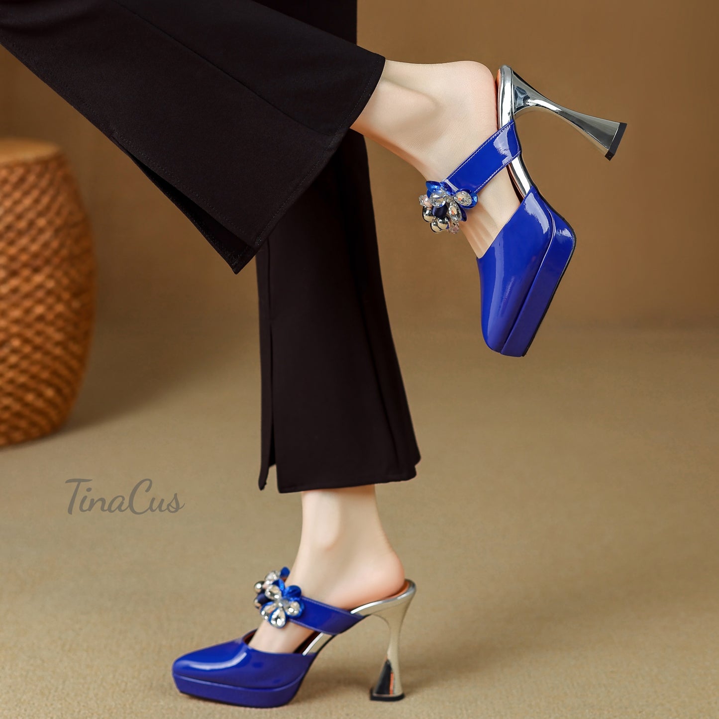 TinaCus Pointed Toe Genuine Leather Handmade Flower Women's High Heels Mules with Platform