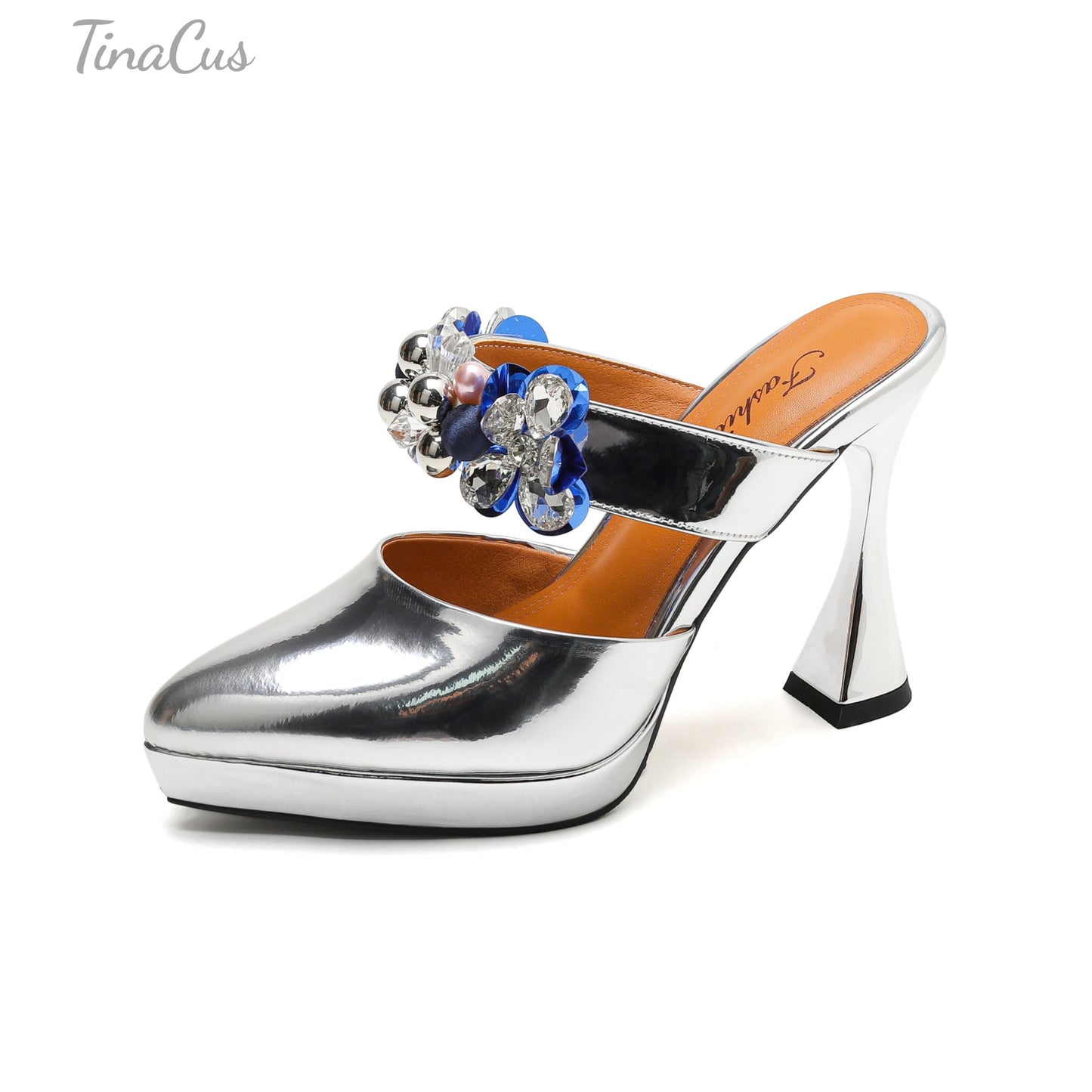 TinaCus Pointed Toe Genuine Leather Handmade Flower Women's High Heels Mules with Platform