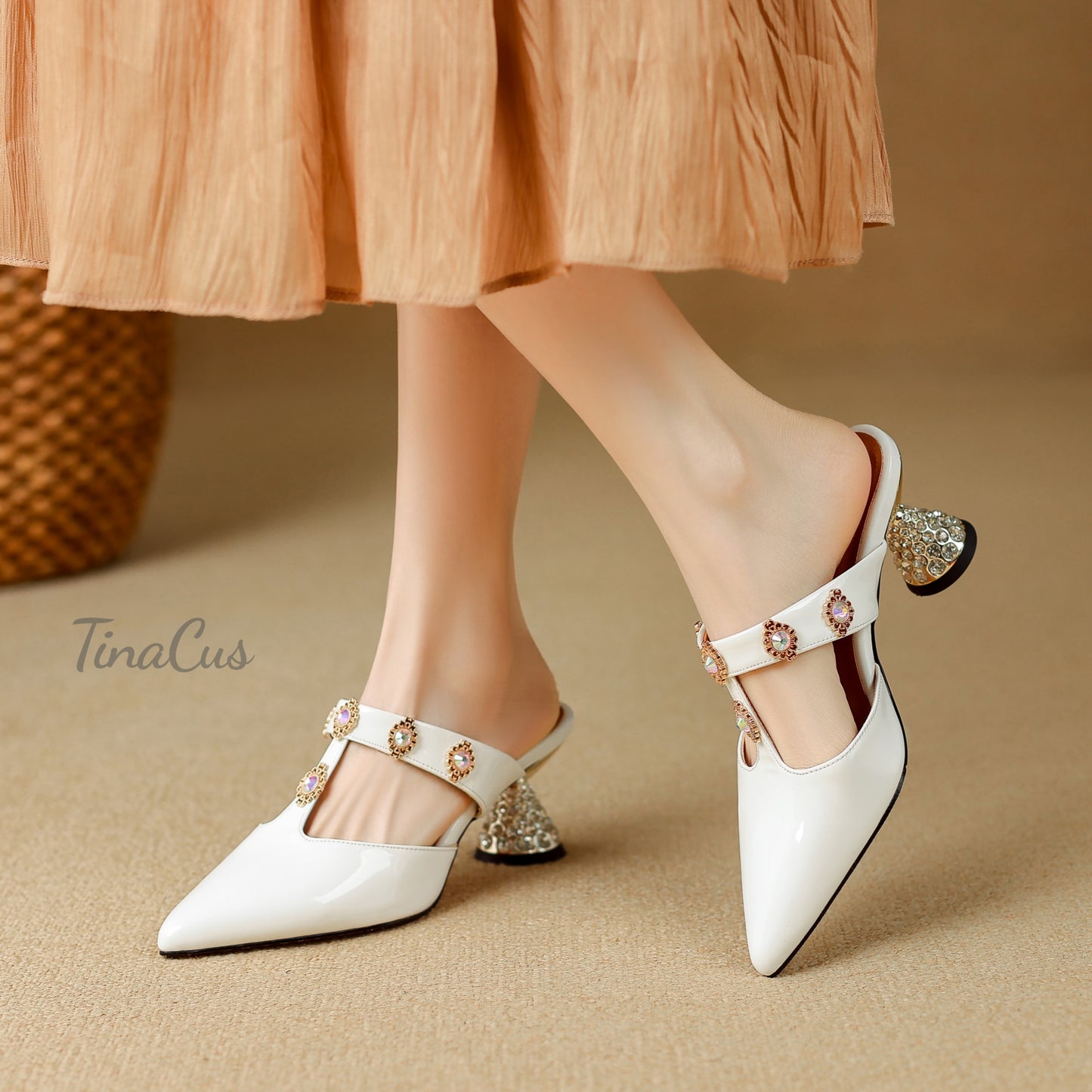 TinaCus Genuine Leather Women's Closed Toe Handmade T-strap Mid Cone Heels Stylish Mules with Crystals
