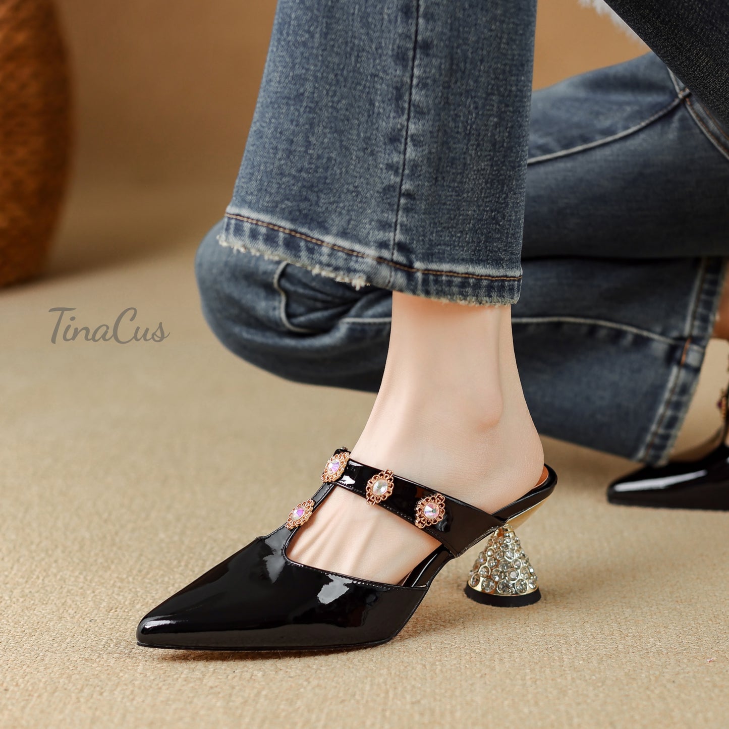 TinaCus Genuine Leather Women's Closed Toe Handmade T-strap Mid Cone Heels Stylish Mules with Crystals