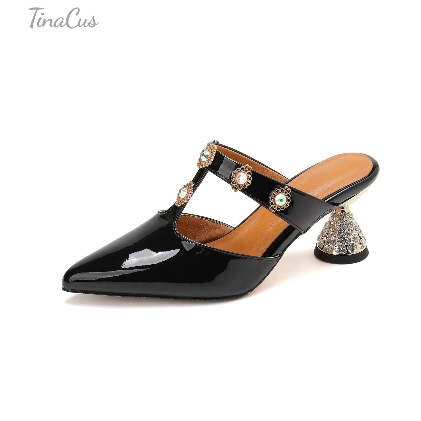 TinaCus Genuine Leather Women's Closed Toe Handmade T-strap Mid Cone Heels Stylish Mules with Crystals