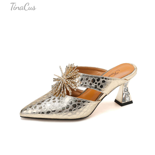 TinaCus Women's Mules Genuine Leather Handmade Pointed Toe Kitten Heel Slides Sandals Shoes