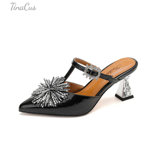 TinaCus Women's Rhinestone Mules Genuine Leather Handmade Pointed Toe Kitten Heel Slip On Sandals Shoes