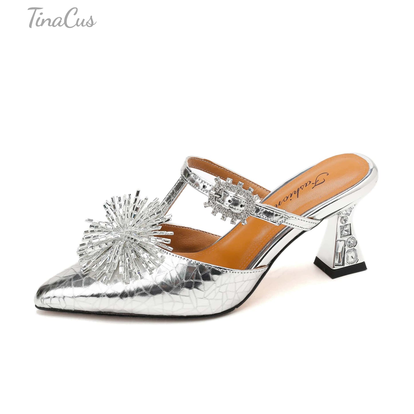 TinaCus Women's Rhinestone Mules Genuine Leather Handmade Pointed Toe Kitten Heel Slip On Sandals Shoes
