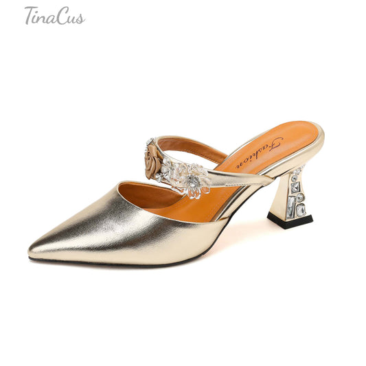TinaCus Women's Mules Genuine Leather Handmade Pointed Toe Rhinestone Heel Slip On Sandals Shoes Daily Party