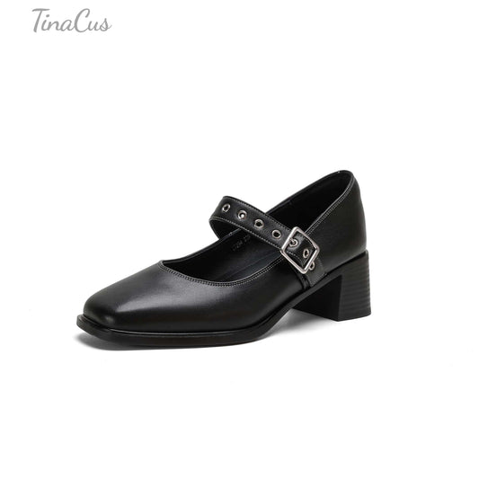TinaCus Women's Mary Jane Handmade Genuine Leather Buckle Square Toe Chunky Block Pumps Shoes