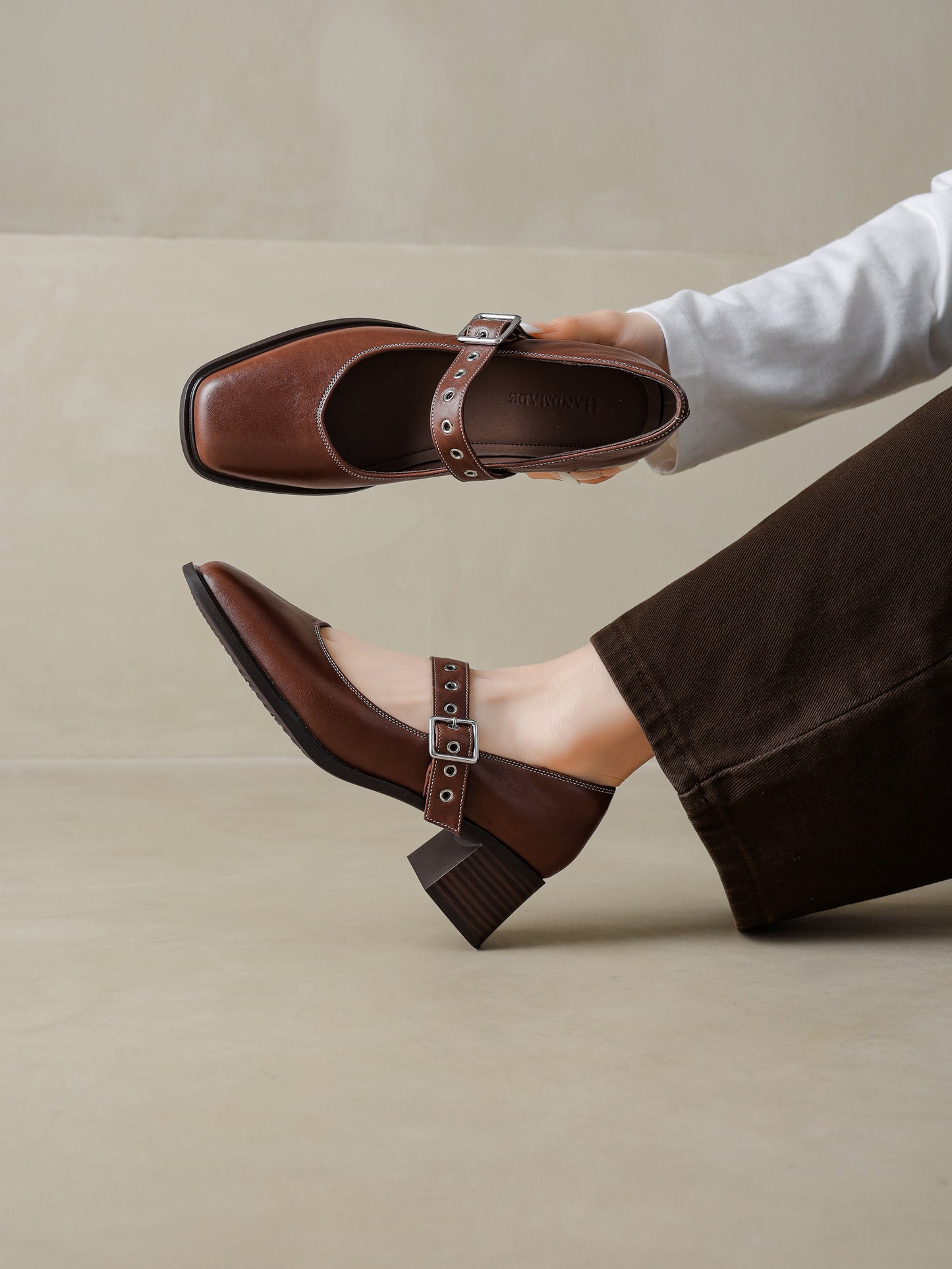 TinaCus Women's Mary Jane Handmade Genuine Leather Buckle Square Toe Chunky Block Pumps Shoes