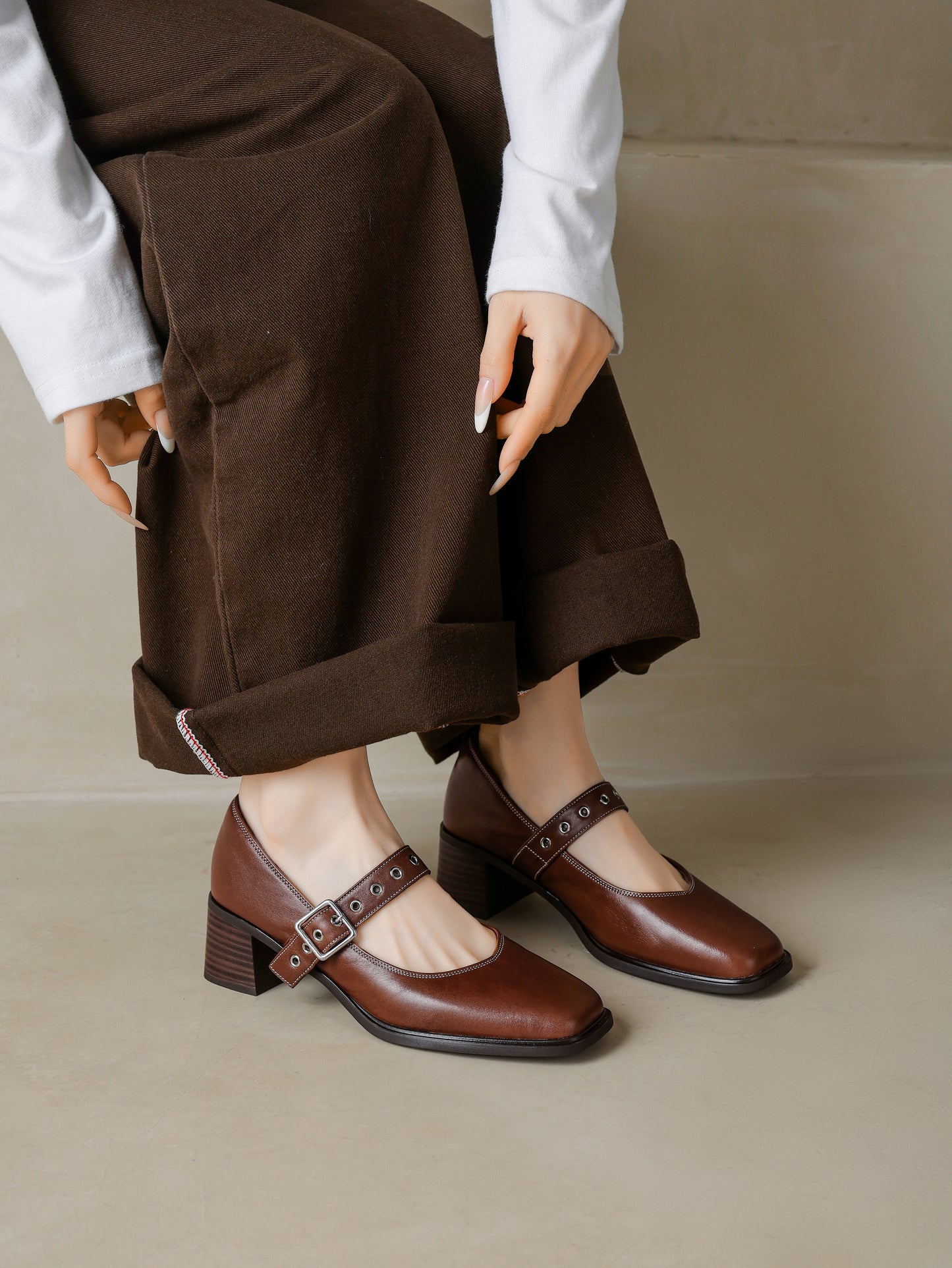 TinaCus Women's Mary Jane Handmade Genuine Leather Buckle Square Toe Chunky Block Pumps Shoes