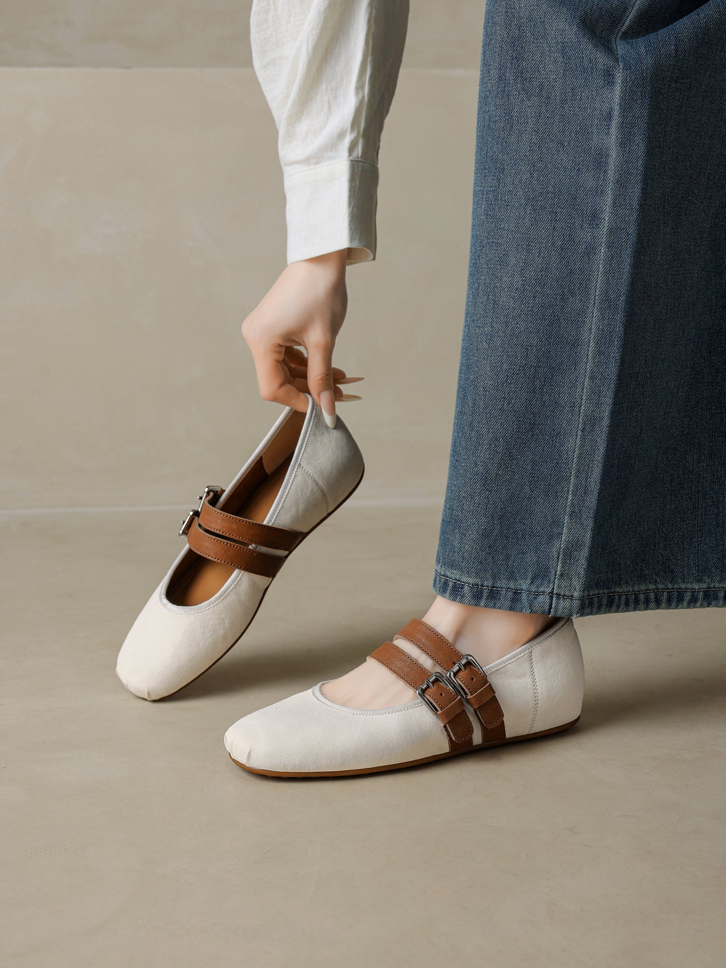TinaCus Women's Mary Jane Handmade Genuine Leather Double Buckles Square Toe Ballet Flat Shoes