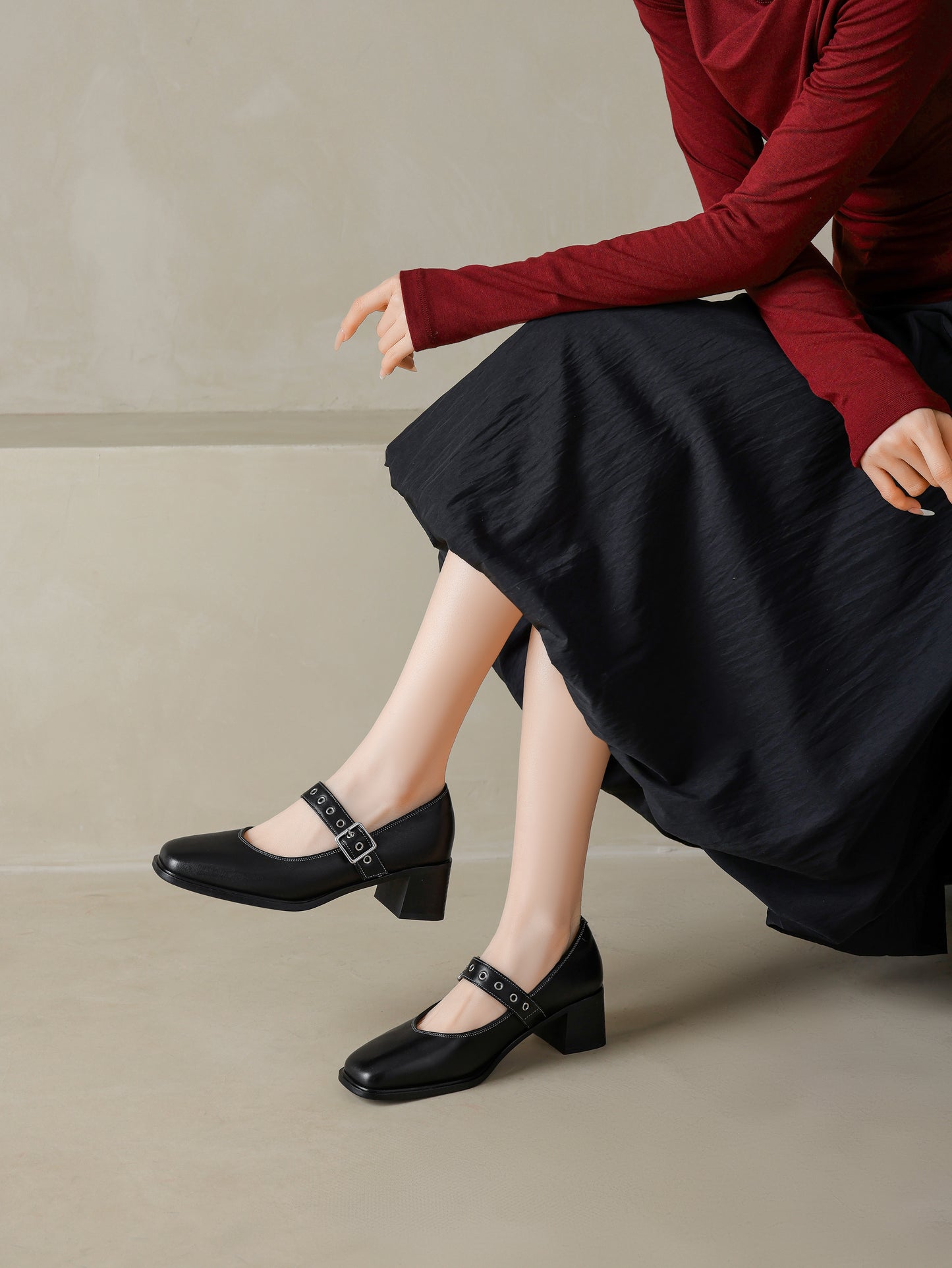 TinaCus Women's Mary Jane Handmade Genuine Leather Buckle Square Toe Chunky Block Pumps Shoes