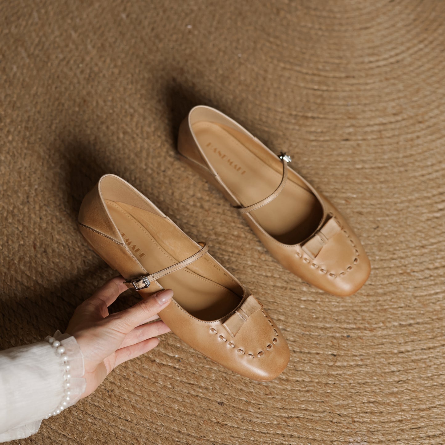 TinaCus Handmade Women's Genuine Leather Almond Toe Mary Jane Flats with Strap Buckle