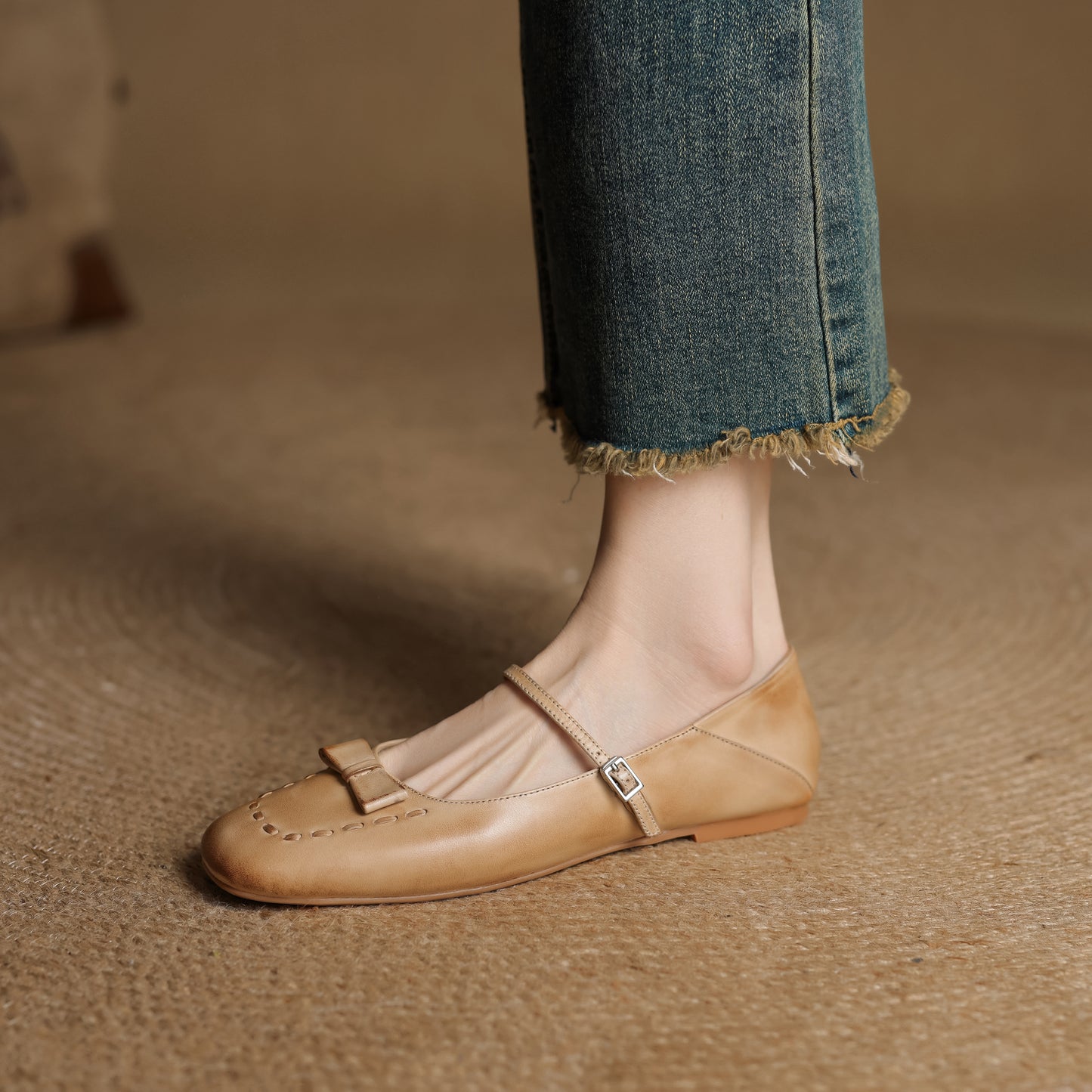 TinaCus Handmade Women's Genuine Leather Almond Toe Mary Jane Flats with Strap Buckle