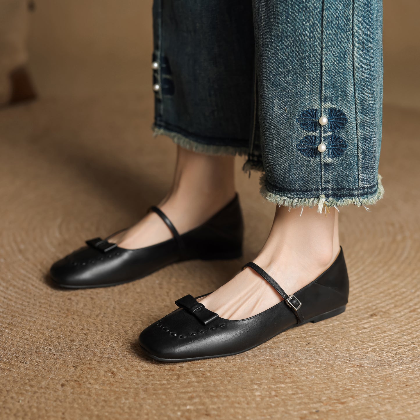 TinaCus Handmade Women's Genuine Leather Almond Toe Mary Jane Flats with Strap Buckle