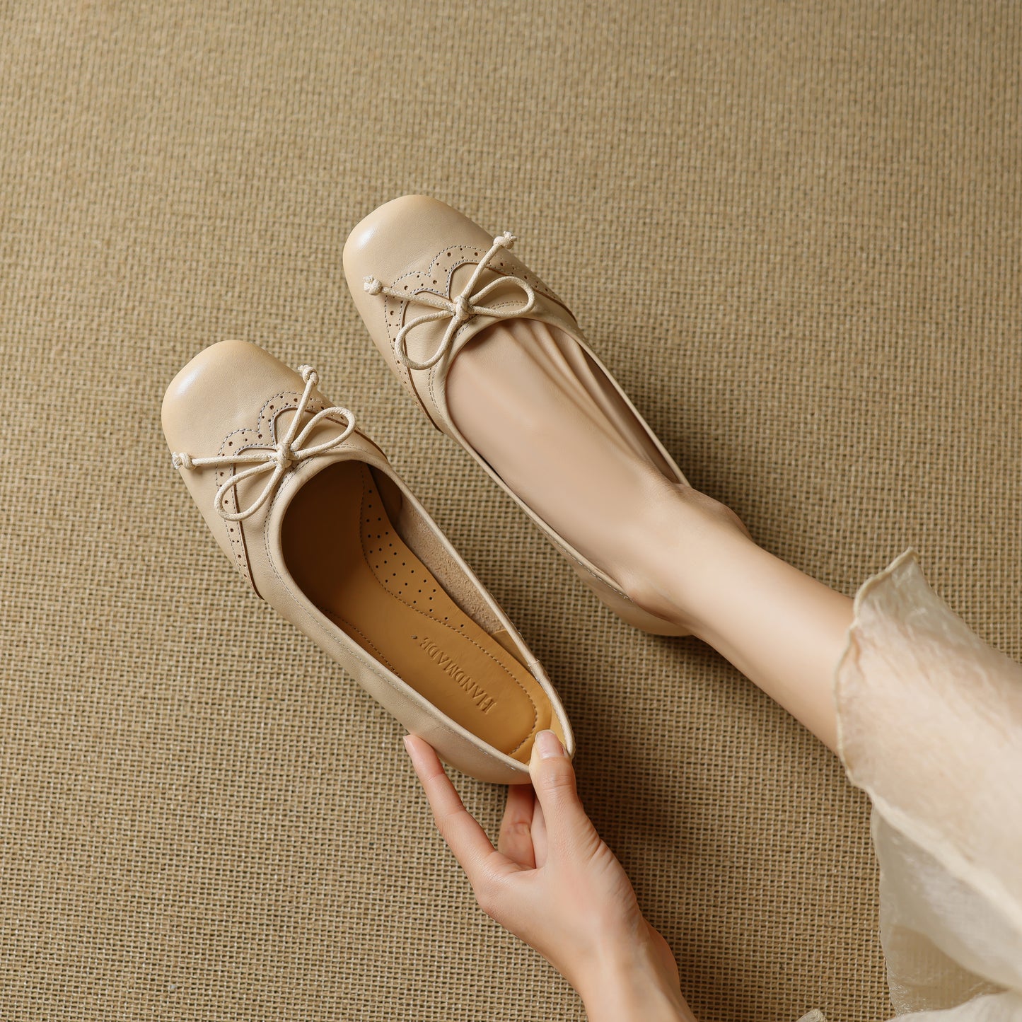 TinaCus Handmade Women's Genuine Leather Square Toe Baroque Ballet Flats with Bowtie