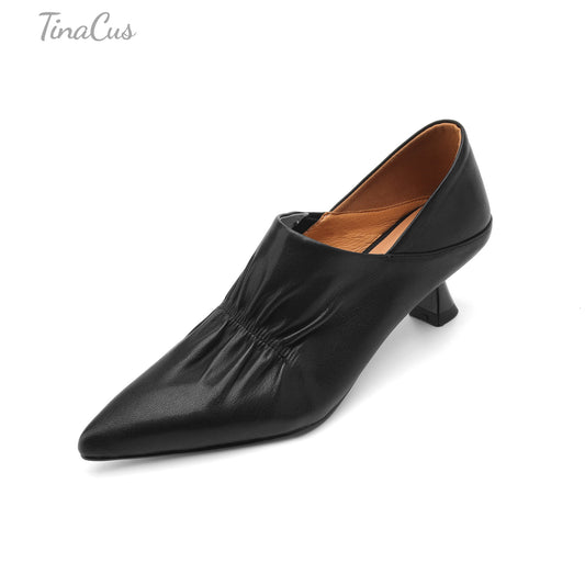 TinaCus Genuine Leather Women's Pointed Toe Kitten Heels Handmade Slip On Pumps Shoes