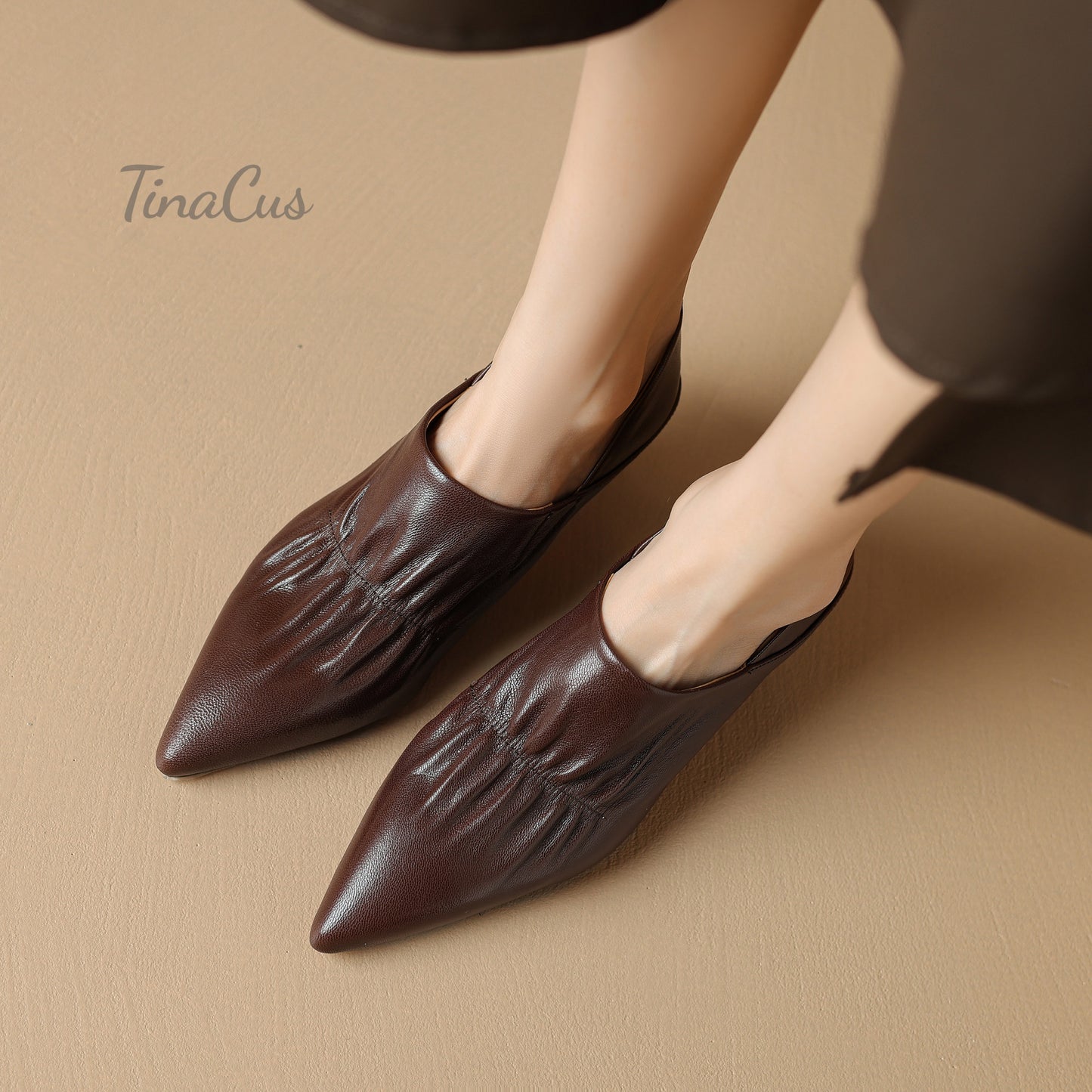 TinaCus Genuine Leather Women's Pointed Toe Kitten Heels Handmade Slip On Pumps Shoes